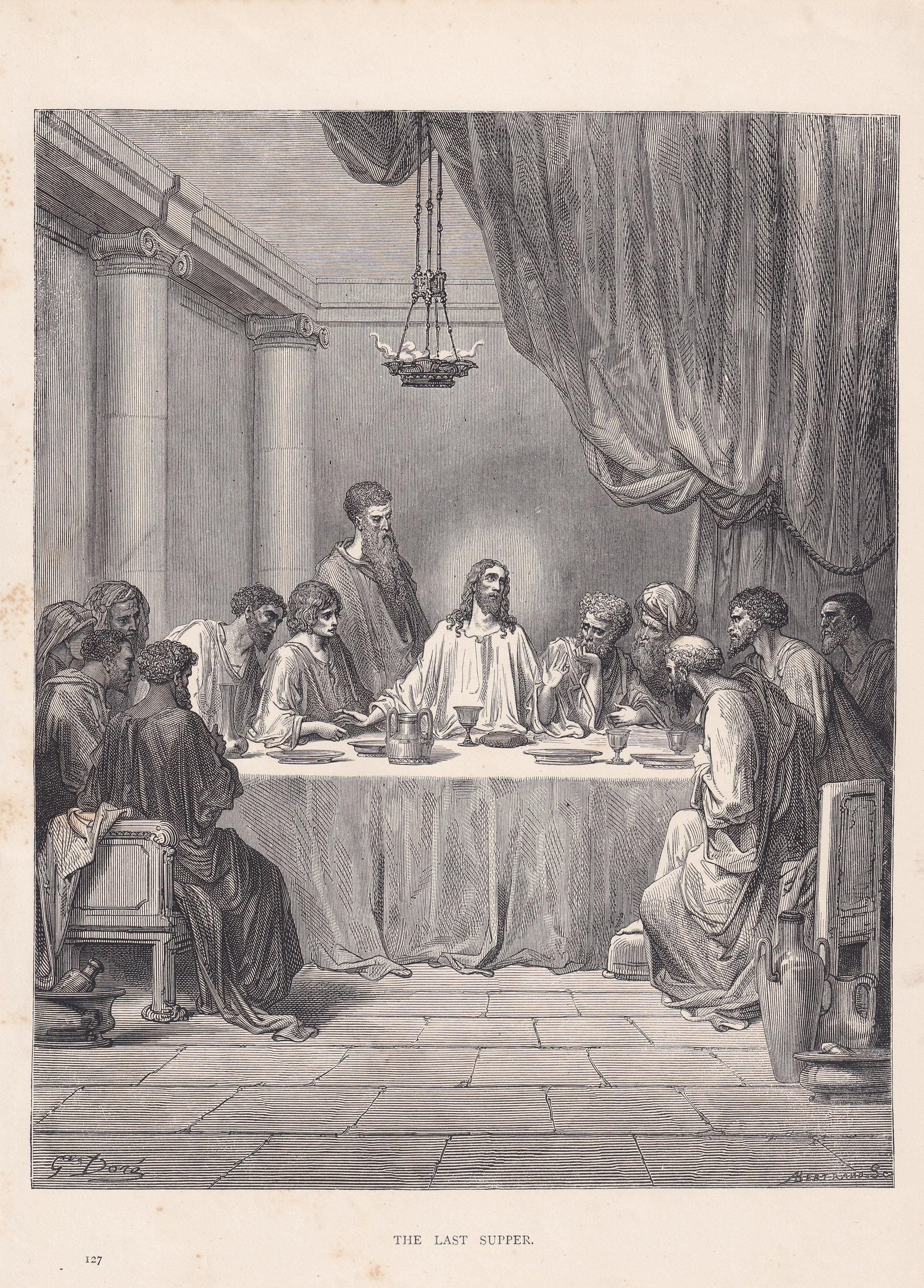 1870 GUSTAVE DORE Print - "The Last Supper" - Dore Wall Art - Dore Engraving - 8.5 x 12.2 Inches