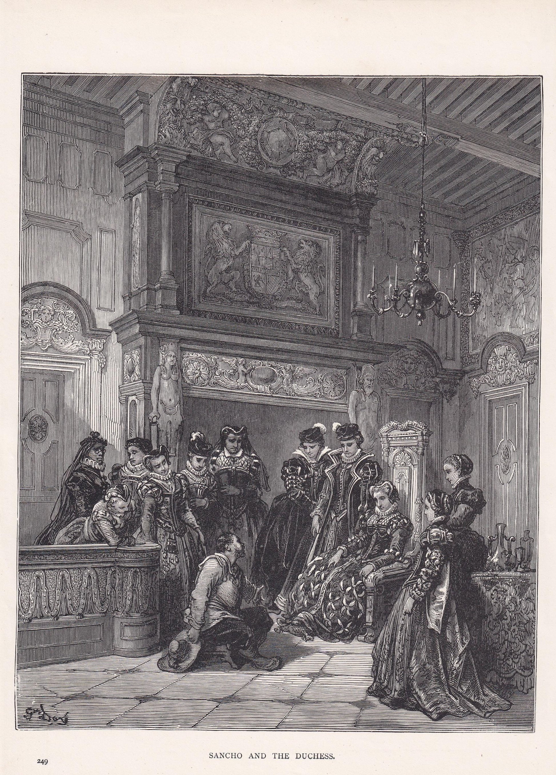 1870 GUSTAVE DORE Print - "Sancho and the Duchess" - Don Quixote - Dore Wall Art - Dore Engraving - 8.5 x 12.2 Inches