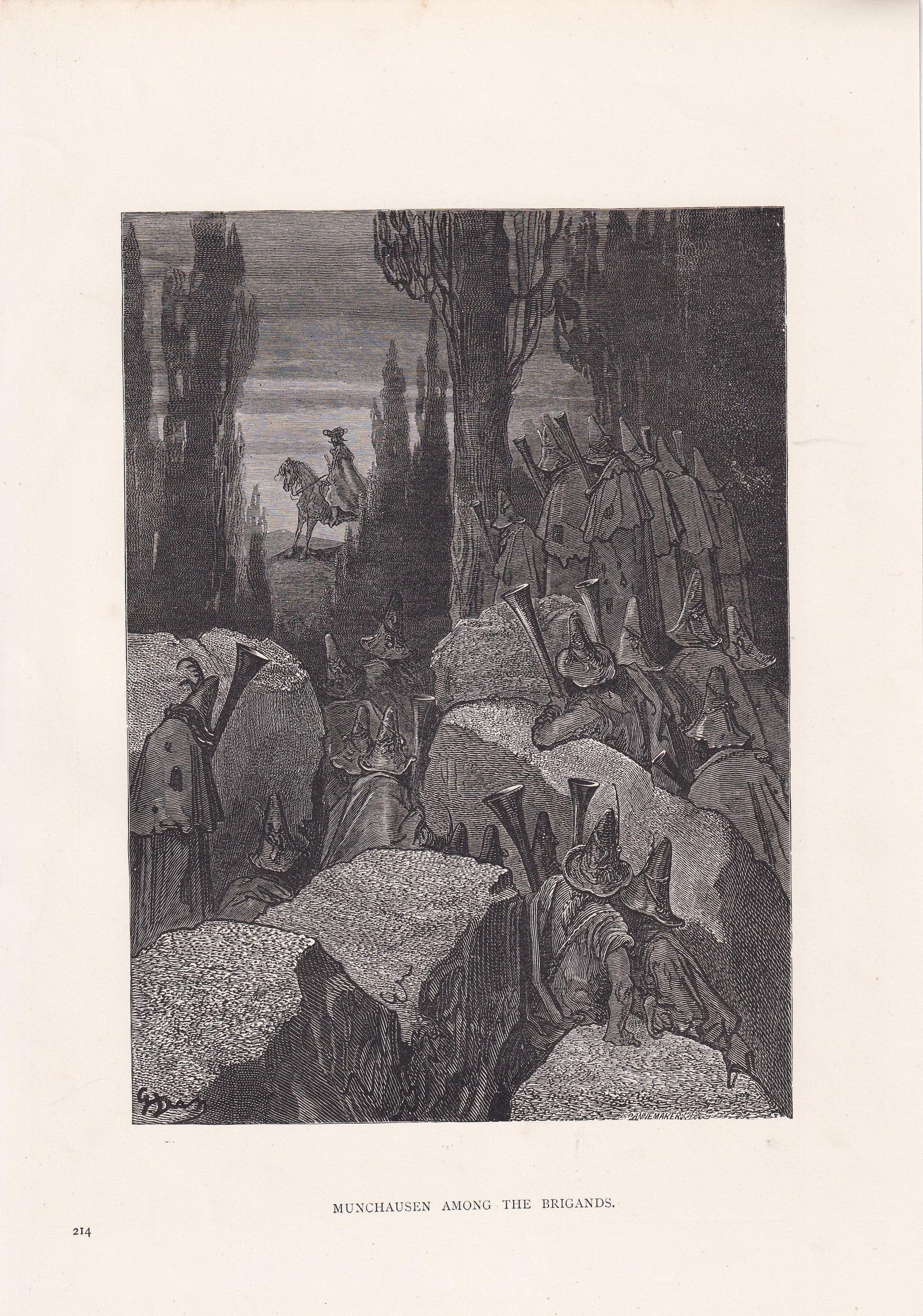 1870 GUSTAVE DORE Print - "Munchausen Among the Brigands" - Dore Wall Art - Dore Engraving - 8.5 x 12.2 Inches