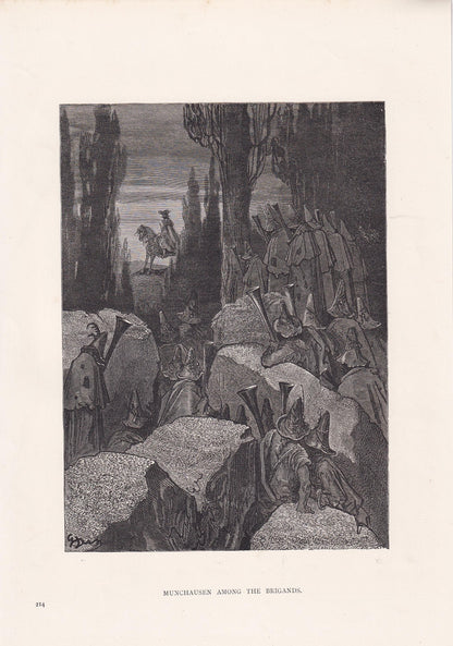 1870 GUSTAVE DORE Print - "Munchausen Among the Brigands" - Dore Wall Art - Dore Engraving - 8.5 x 12.2 Inches