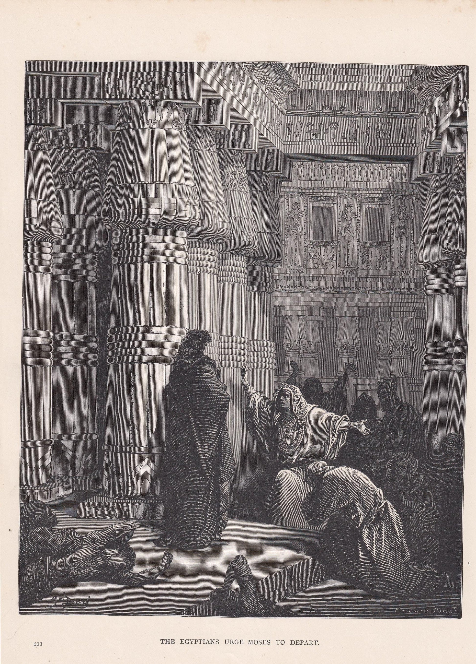 1870 GUSTAVE DORE Print - "The Egyptians Urge Moses to Depart" - Dore Wall Art - Dore Engraving - 8.5 x 12.2 Inches