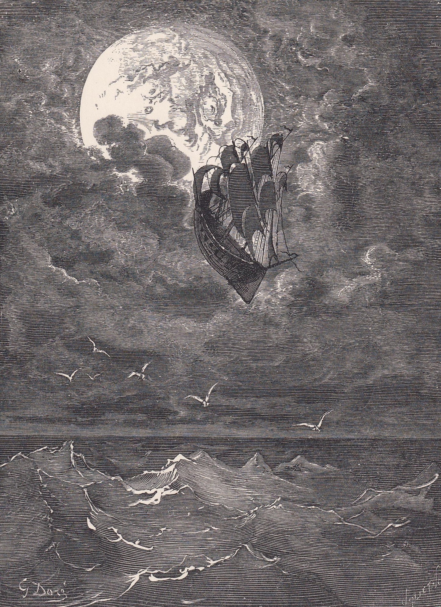 1870 GUSTAVE DORE Print - "A Voyage to the Moon" - Dore Wall Art - Dore Engraving - 8.5 x 12.8 Inches