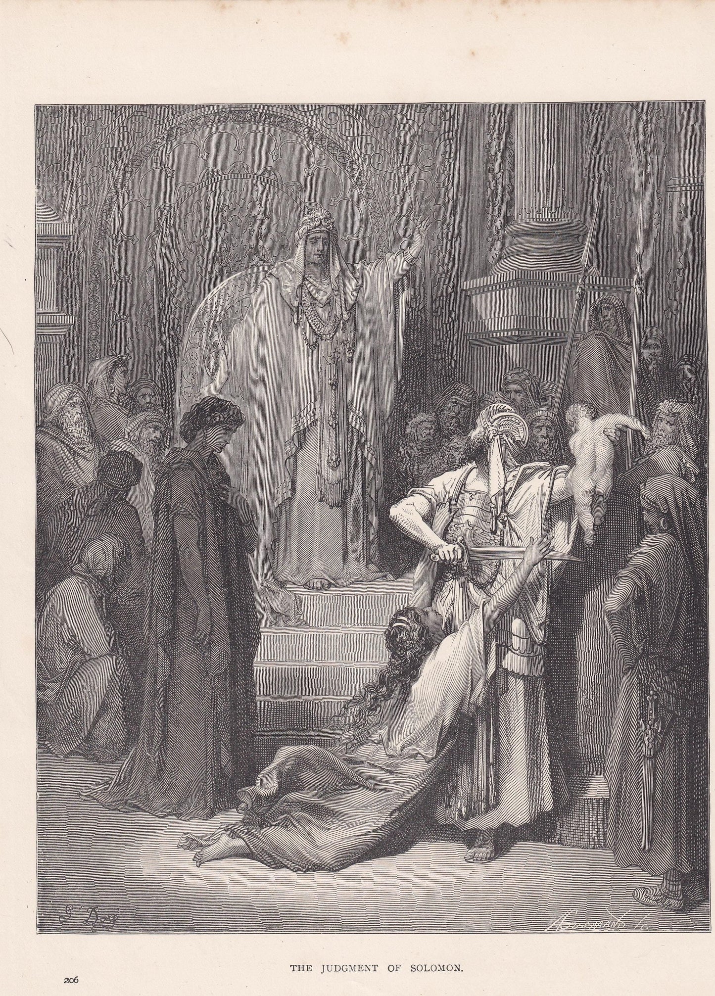 1870 GUSTAVE DORE Print - "The Judgment of Solomon" - Dore Wall Art - Dore Engraving - 8.5 x 12.2 Inches