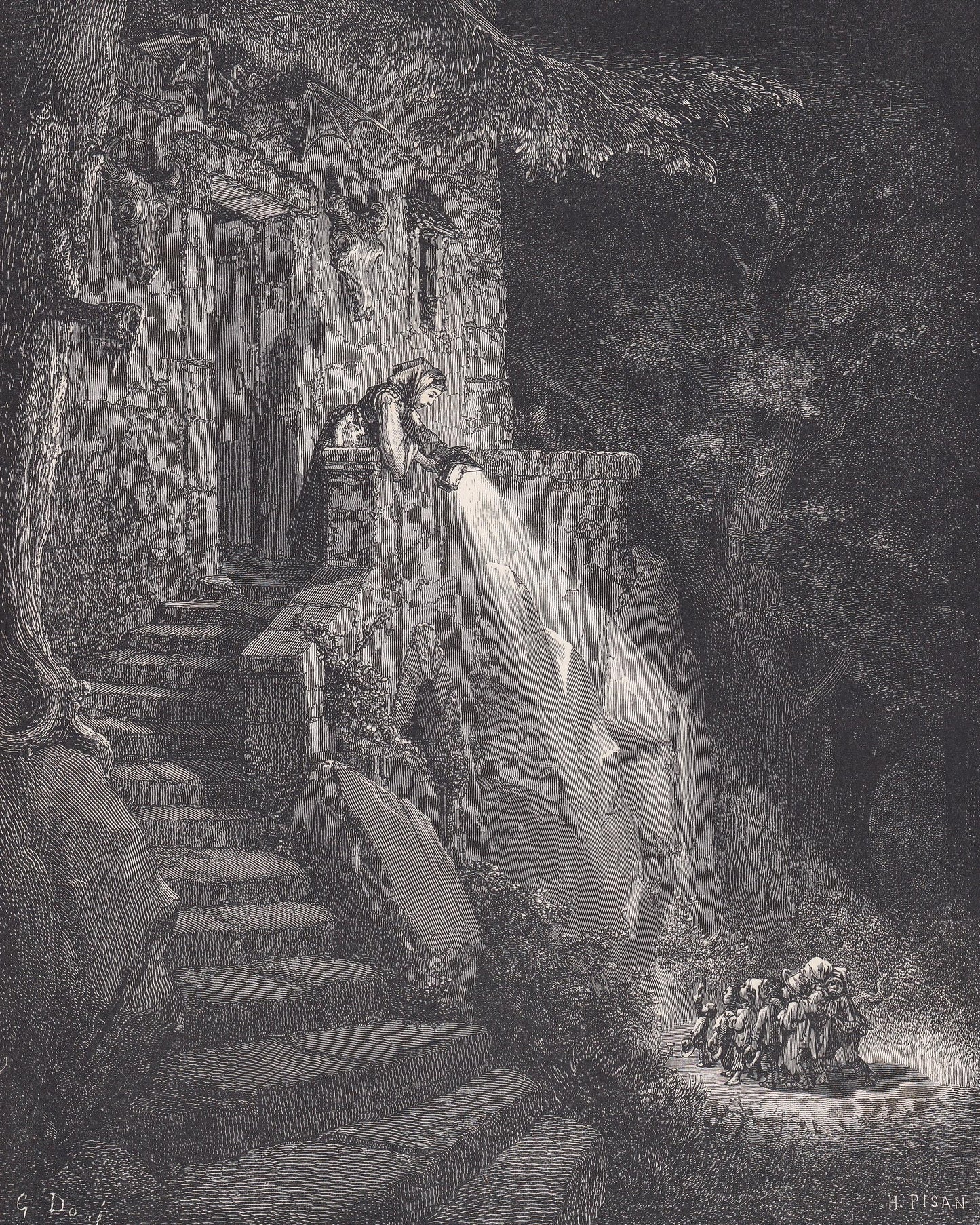 1870 GUSTAVE DORE Print - "The Dwelling of the Ogre" - Dore Wall Art - Dore Engraving - 8.5 x 12.2 Inches