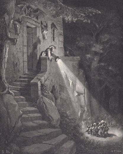 1870 GUSTAVE DORE Print - "The Dwelling of the Ogre" - Dore Wall Art - Dore Engraving - 8.5 x 12.2 Inches