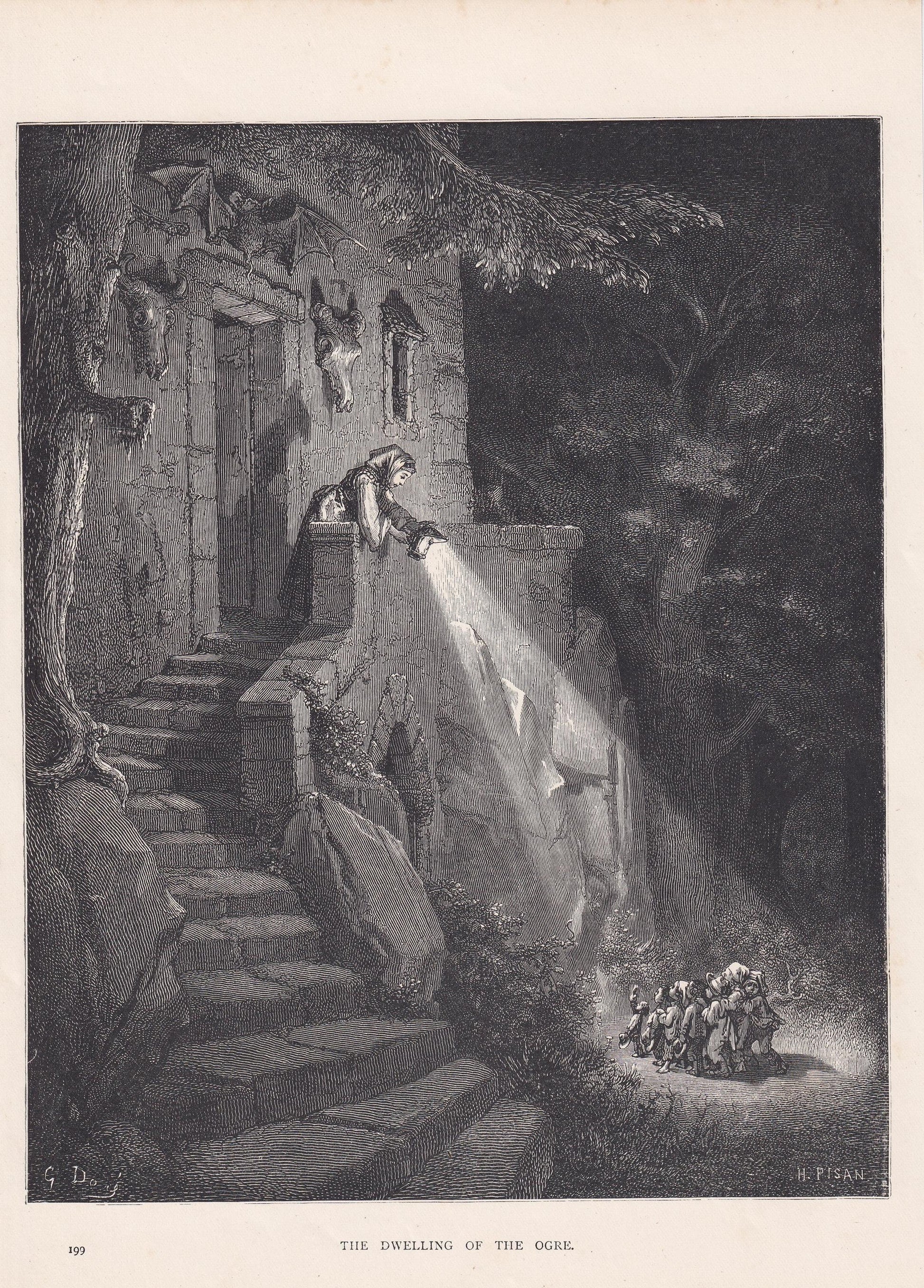 1870 GUSTAVE DORE Print - "The Dwelling of the Ogre" - Dore Wall Art - Dore Engraving - 8.5 x 12.2 Inches