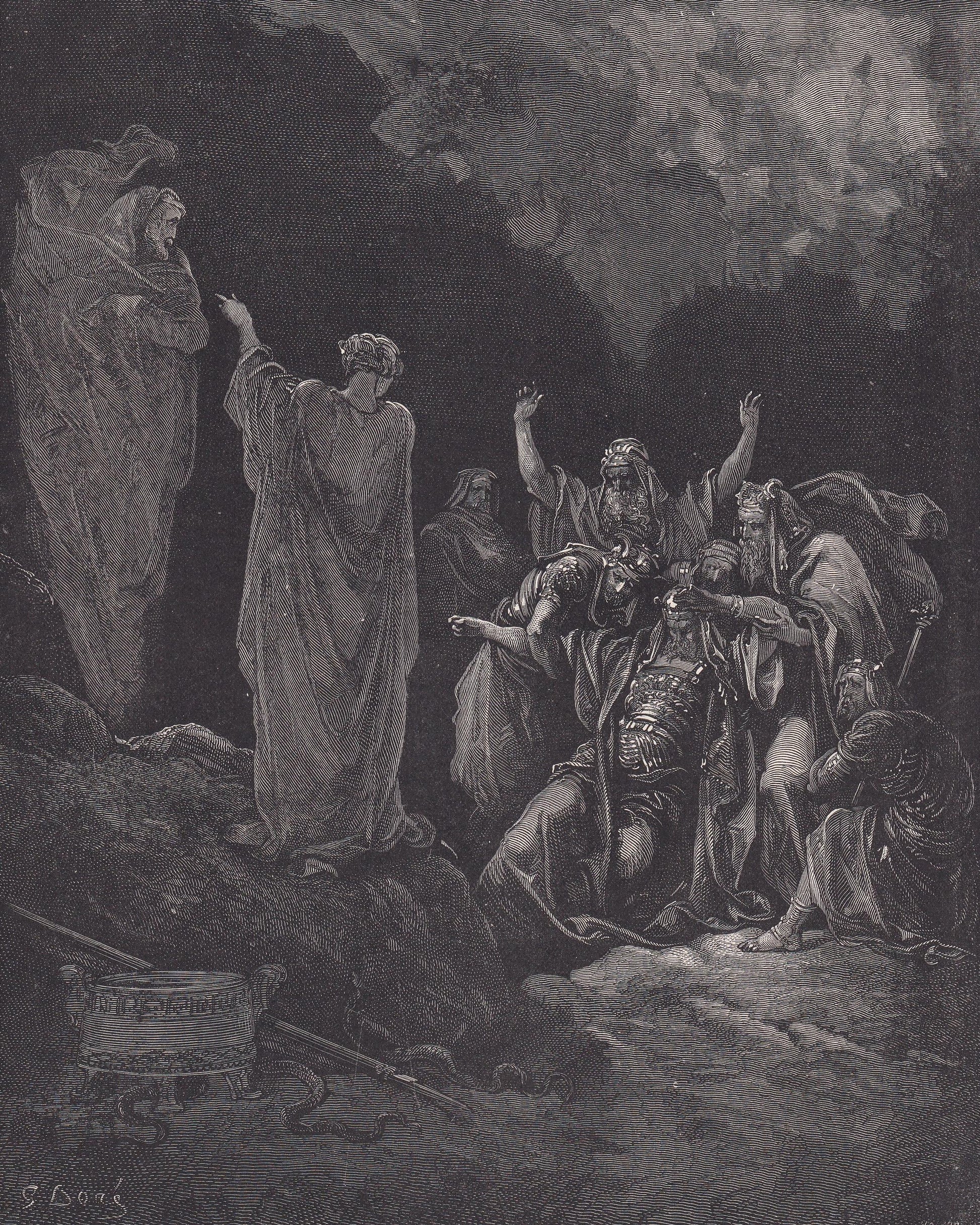 1870 GUSTAVE DORE Print - "Saul and the Witch of Endor" - Dore Wall Art - Dore Engraving - 8.5 x 12.2 Inches