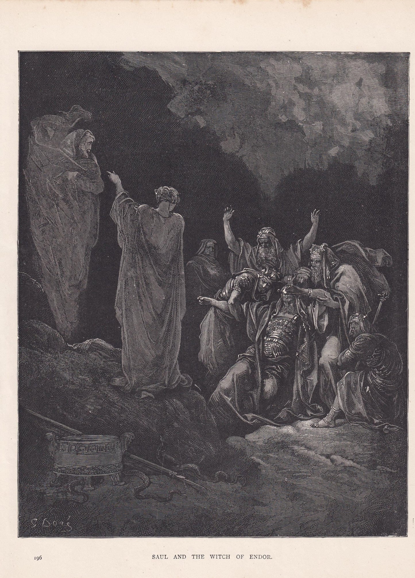 1870 GUSTAVE DORE Print - "Saul and the Witch of Endor" - Dore Wall Art - Dore Engraving - 8.5 x 12.2 Inches