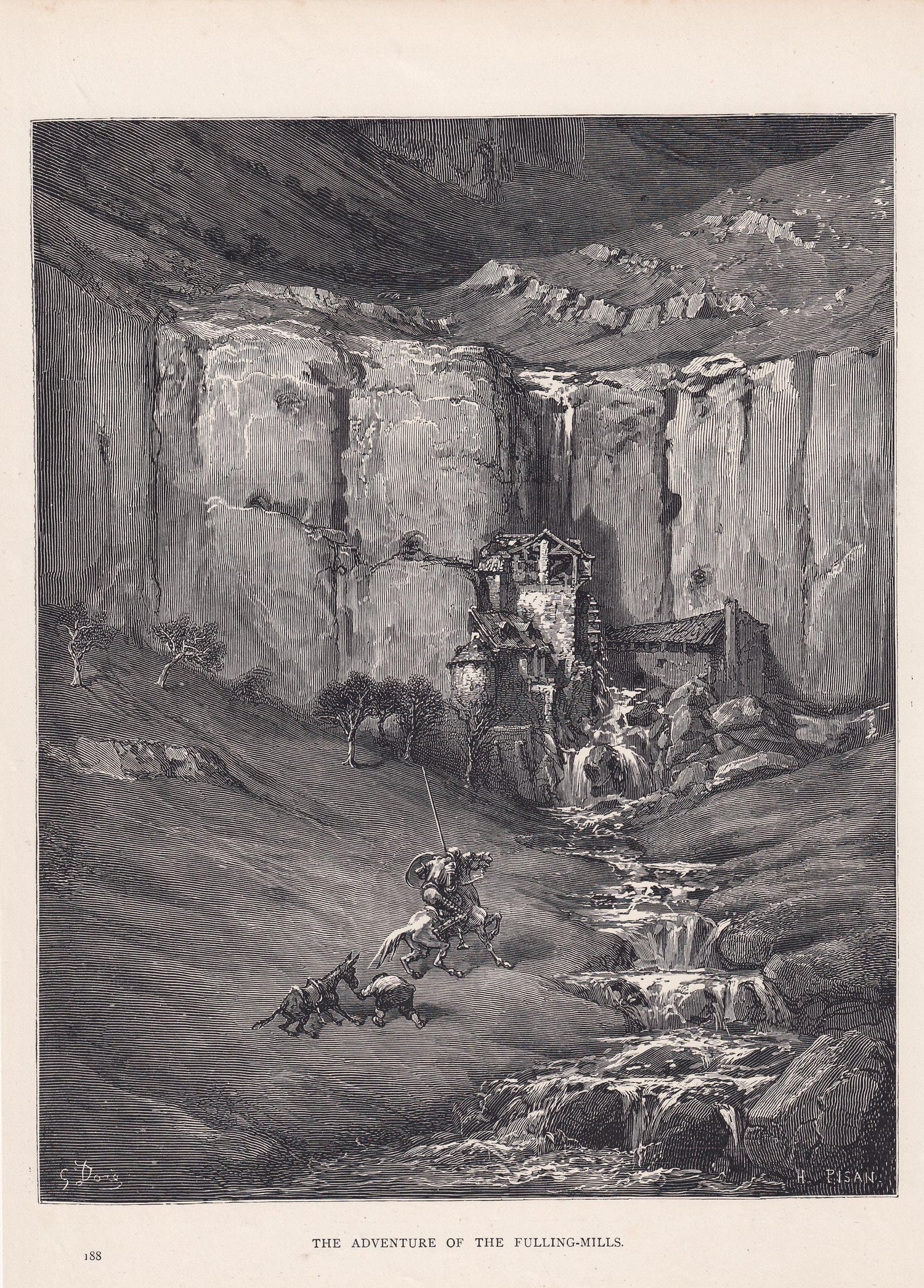 1870 GUSTAVE DORE Print - "The Adventure of the Fulling-Mills" - Dore Wall Art - Antique Dore Engraving - 8.5 x 12.2 Inches