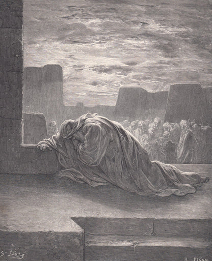 1870 GUSTAVE DORE Print - "Ezra in Prayer" - Dore Wall Art - Antique Dore Engraving - 8.5 x 12.2 Inches
