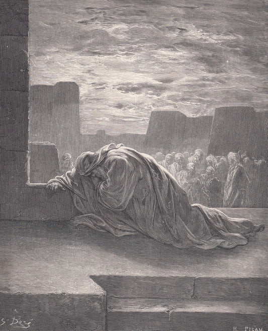 1870 GUSTAVE DORE Print - "Ezra in Prayer" - Dore Wall Art - Antique Dore Engraving - 8.5 x 12.2 Inches