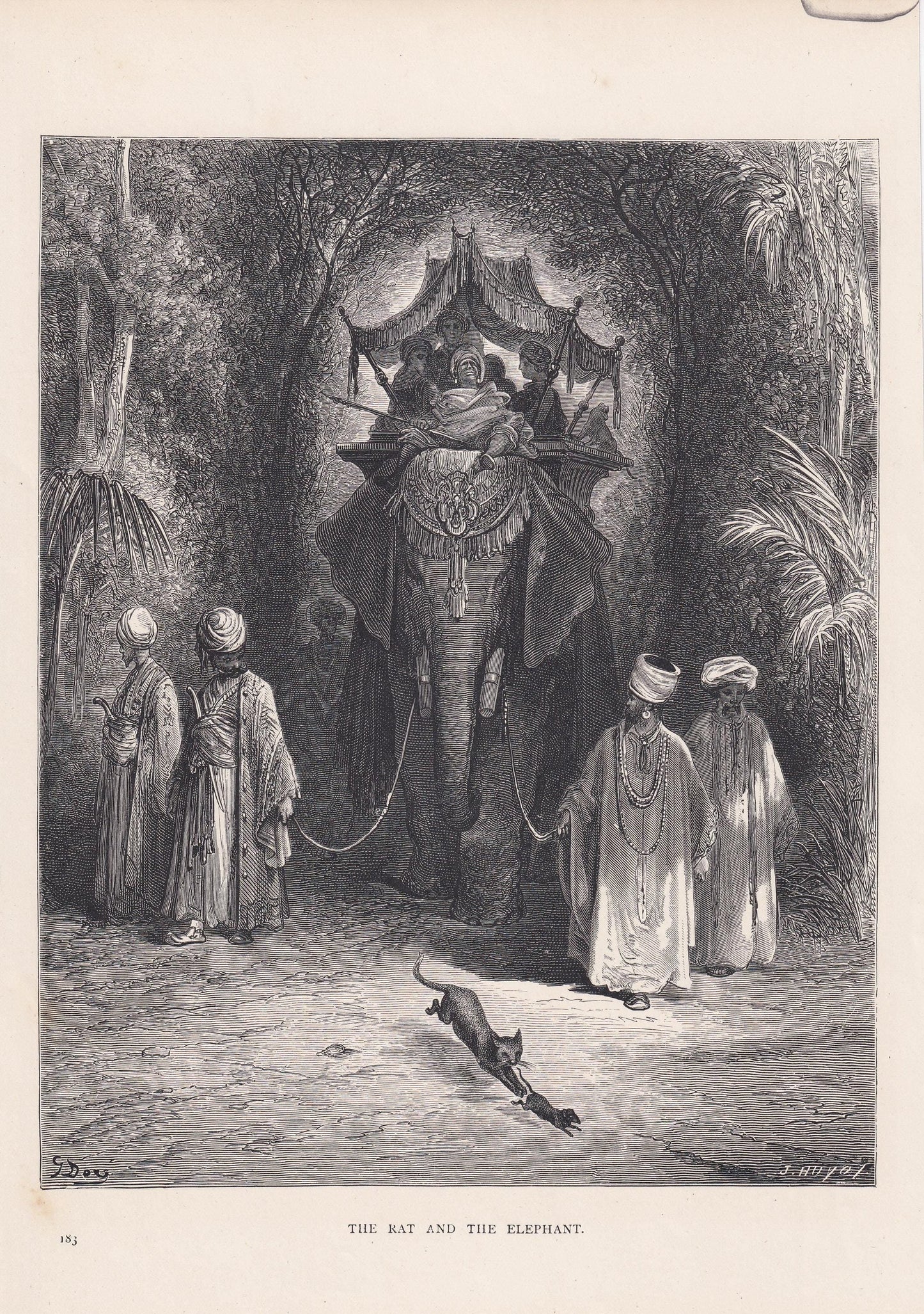 1870 GUSTAVE DORE Print - "The Rat and the Elephant" - Dore Wall Art - Antique Dore Engraving - 8.5 x 12.2 Inches