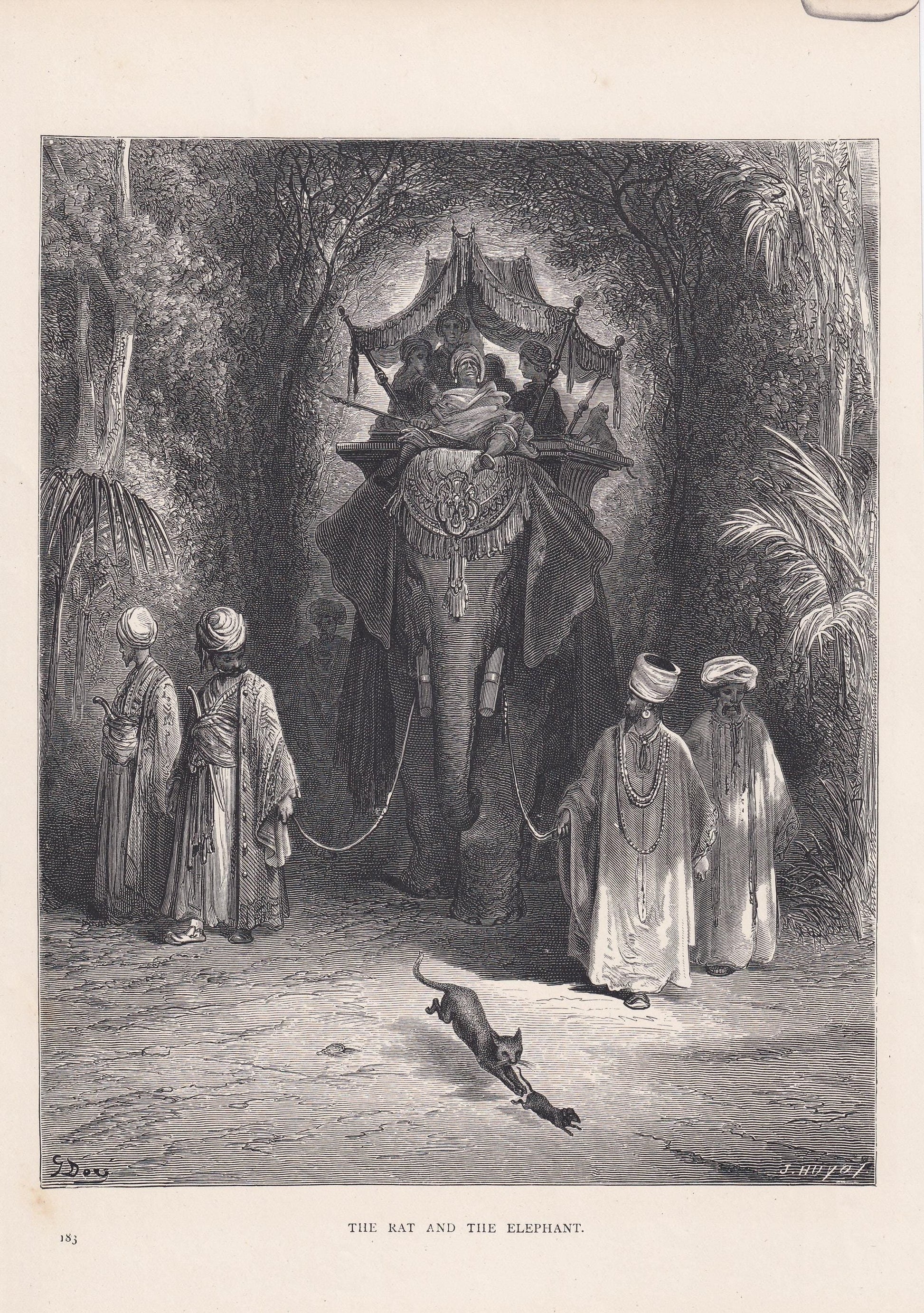 1870 GUSTAVE DORE Print - "The Rat and the Elephant" - Dore Wall Art - Antique Dore Engraving - 8.5 x 12.2 Inches