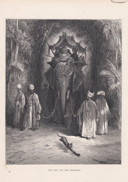 1870 GUSTAVE DORE Print - "The Rat and the Elephant" - Dore Wall Art - Antique Dore Engraving - 8.5 x 12.2 Inches