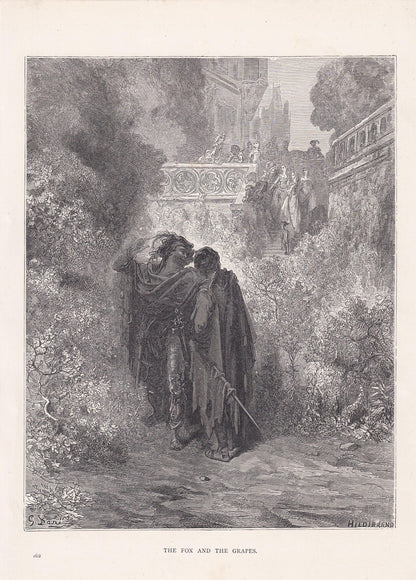 1870 GUSTAVE DORE Print - "The Fox and the Grapes" - Dore Wall Art - Antique Dore Engraving - 8.5 x 12.2 Inches