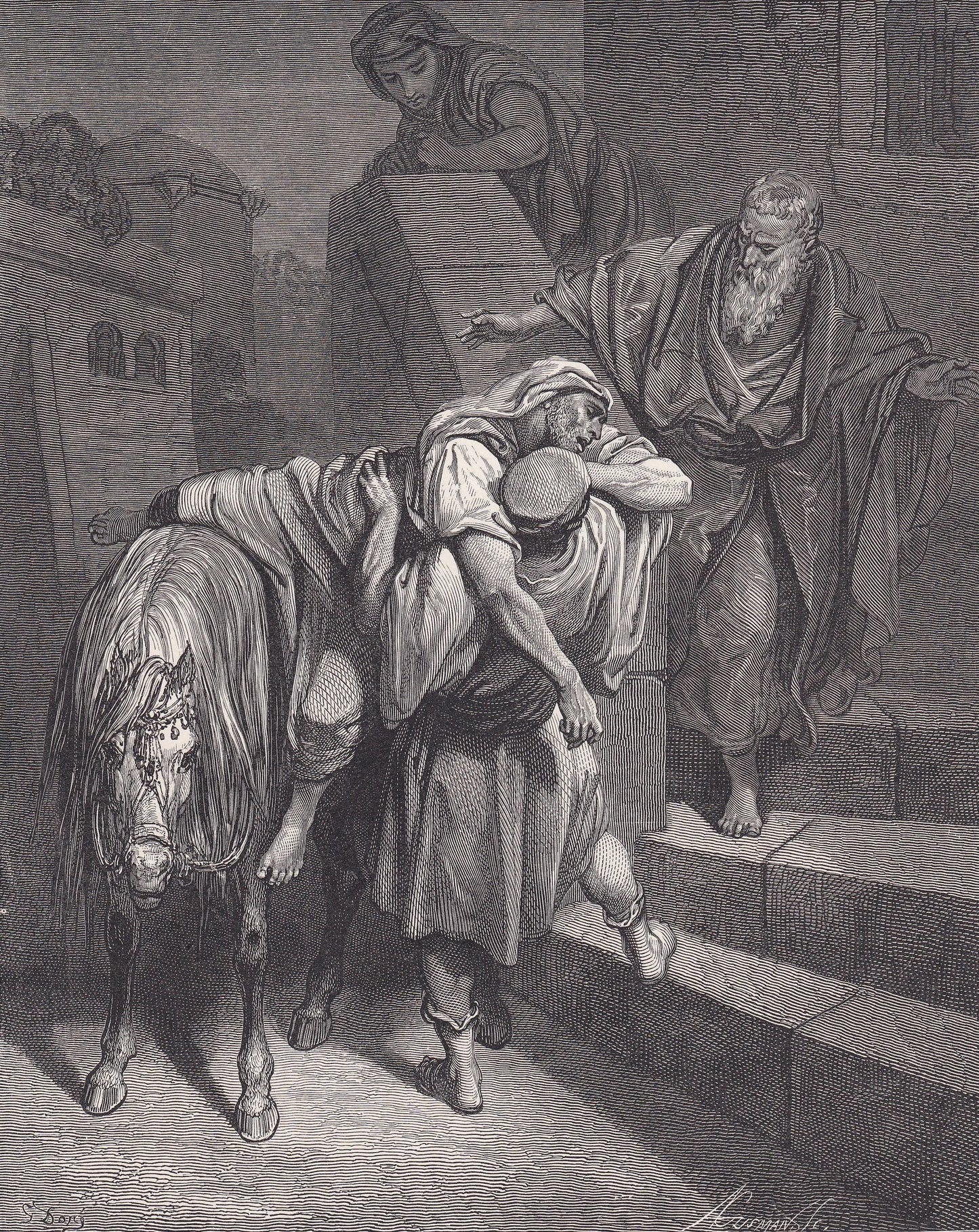 1870 GUSTAVE DORE Print - "Arrival of the Good Samaritan at the Inn" - Dore Wall Art - Antique Dore Engraving - 8.5 x 12.2 In