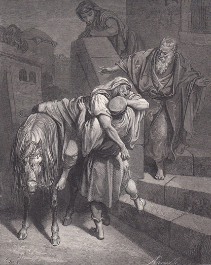 1870 GUSTAVE DORE Print - "Arrival of the Good Samaritan at the Inn" - Dore Wall Art - Antique Dore Engraving - 8.5 x 12.2 In