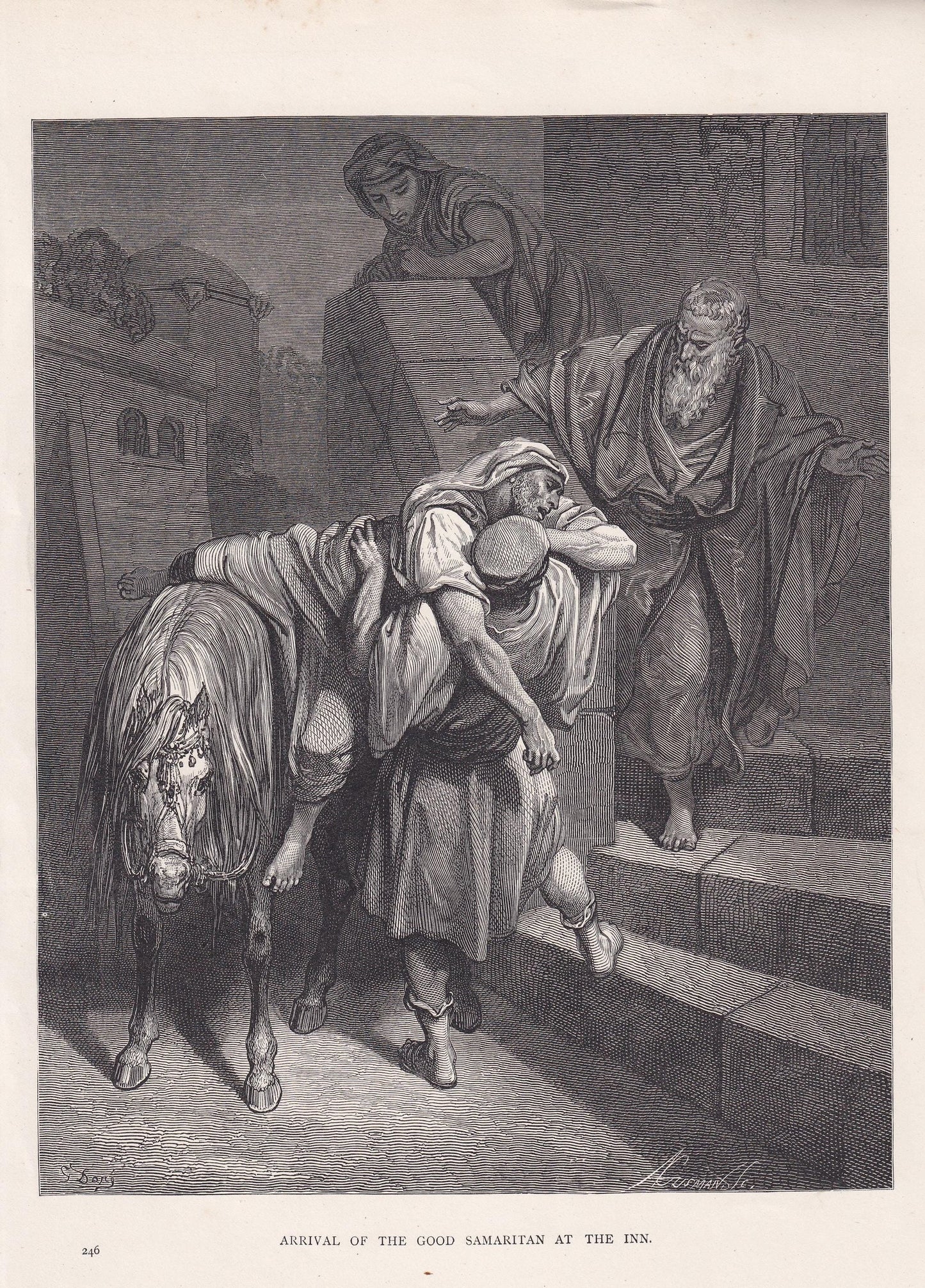1870 GUSTAVE DORE Print - "Arrival of the Good Samaritan at the Inn" - Dore Wall Art - Antique Dore Engraving - 8.5 x 12.2 In