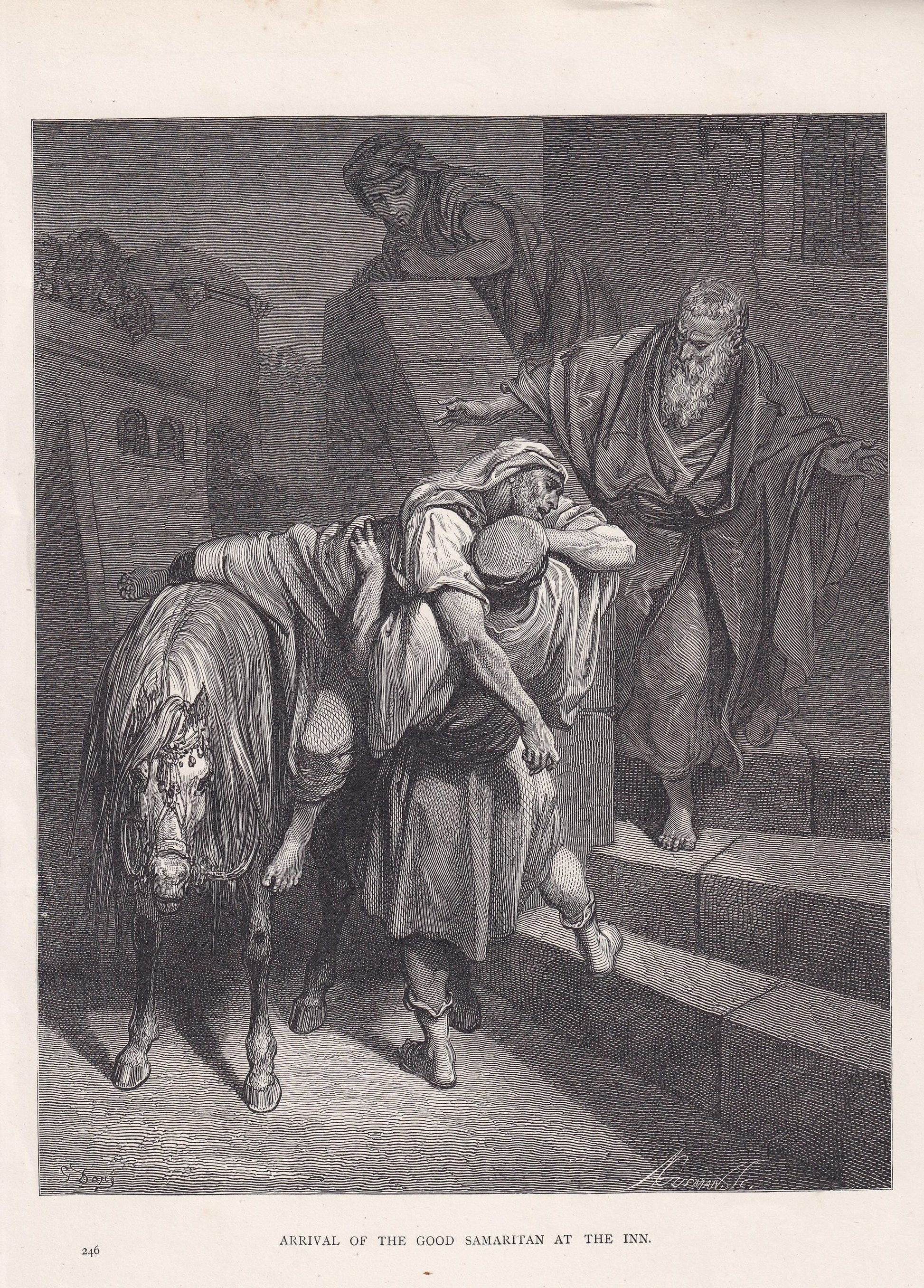 1870 GUSTAVE DORE Print - "Arrival of the Good Samaritan at the Inn" - Dore Wall Art - Antique Dore Engraving - 8.5 x 12.2 In
