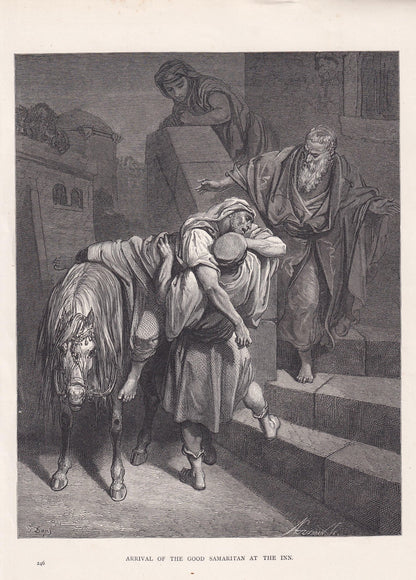 1870 GUSTAVE DORE Print - "Arrival of the Good Samaritan at the Inn" - Dore Wall Art - Antique Dore Engraving - 8.5 x 12.2 In