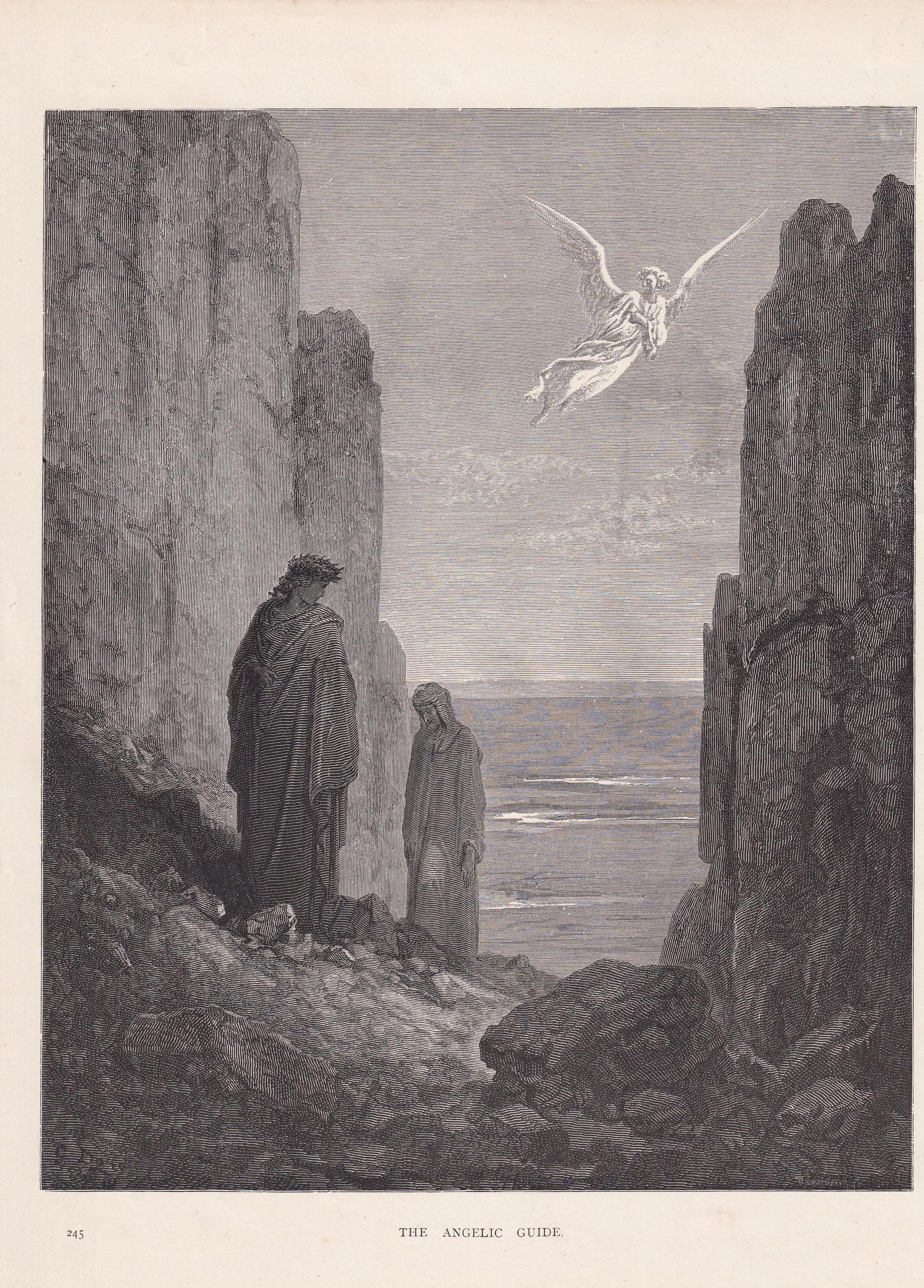 1870 GUSTAVE DORE Print - "The Angelic Guide" - Dore Wall Art - Antique Dore Engraving - 8.5 x 12.2 Inches