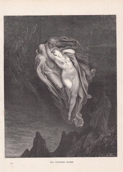 1870 GUSTAVE DORE Print - "The Tortured Lovers" - Dore Wall Art - Antique Dore Engraving - 8.5 x 12.8 Inches