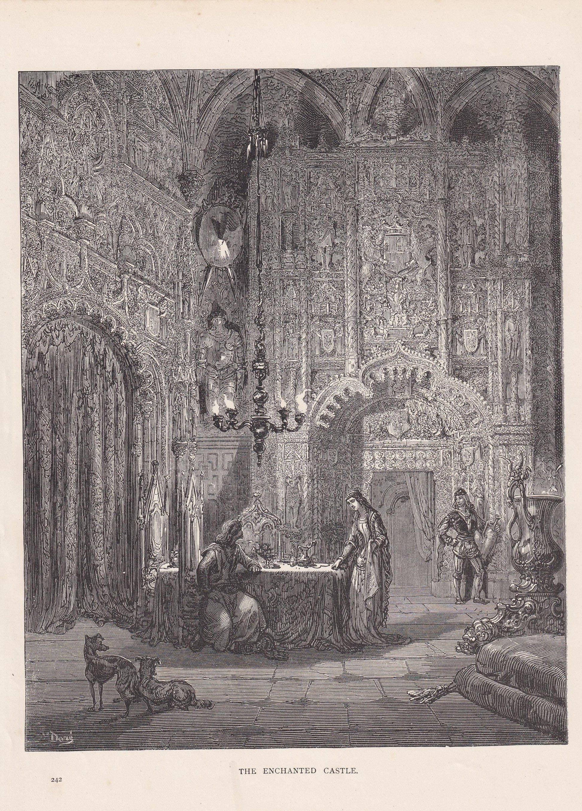 1870 GUSTAVE DORE Print - "The Enchanted Castle" - Dore Wall Art - Antique Dore Engraving - 8.5 x 12.2 Inches