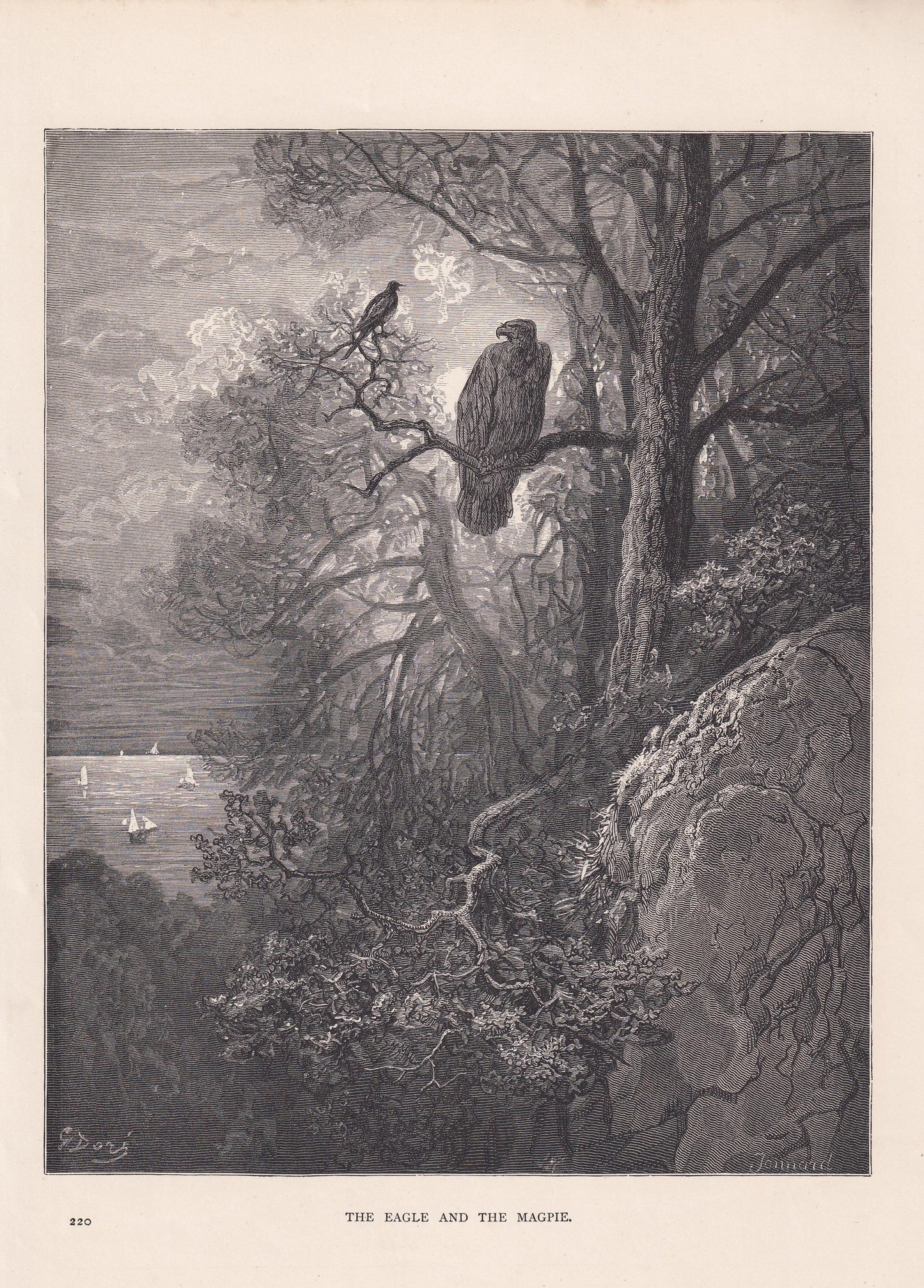 1870 GUSTAVE DORE Print - "The Eagle and the Magpie" - Dore Wall Art - Antique Dore Engraving - 8.5 x 12.2 Inches