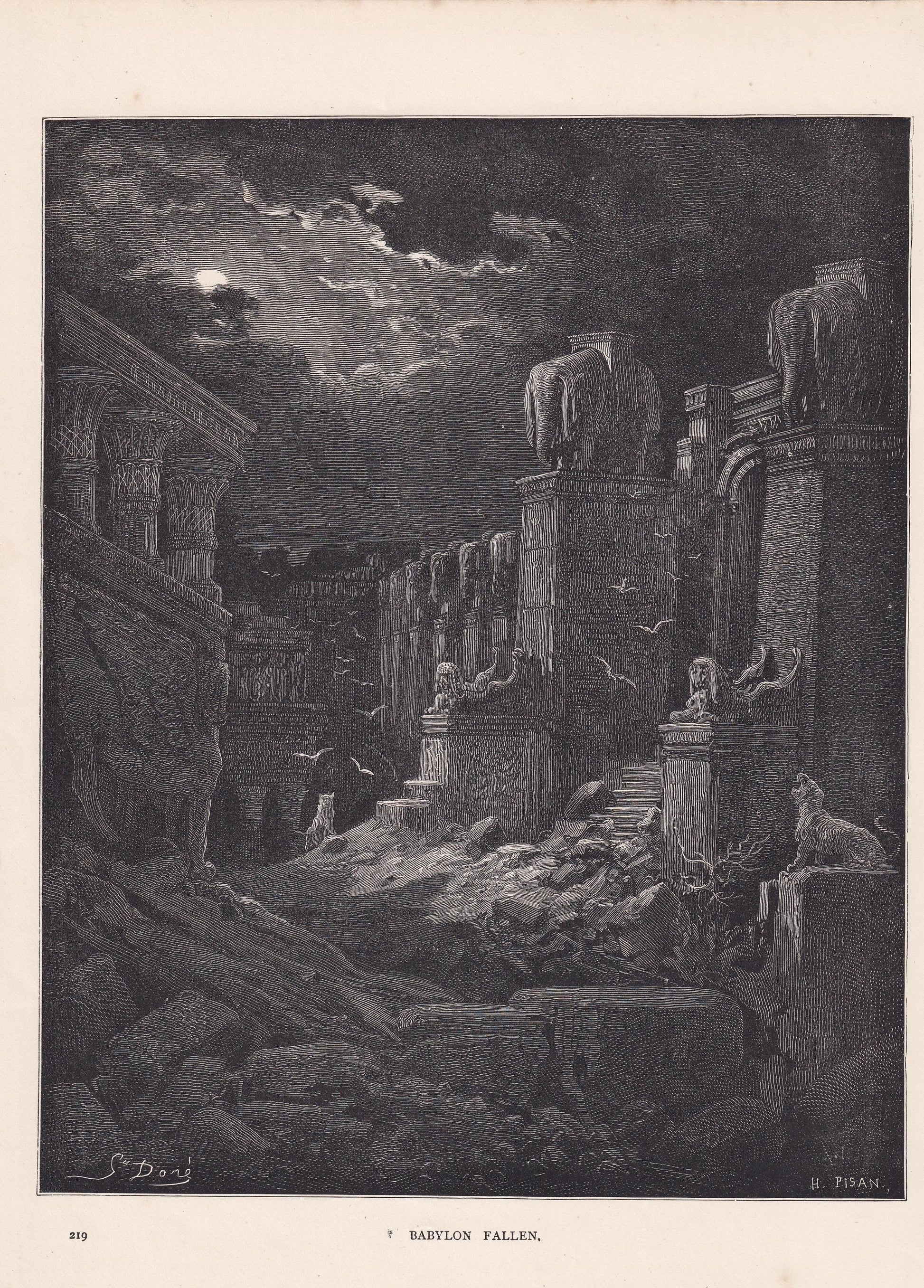 1870 GUSTAVE DORE Print - "Babylon Fallen" - Dore Wall Art - Antique Dore Engraving - 8.5 x 12.2 Inches