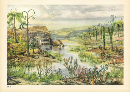 1960 DEVONIAN PERIOD LANDSCAPE Print - Prehistoric Print - Paleoart - Paleontology Print - Dinosaur Print - 13.5 x 9.75 Inches