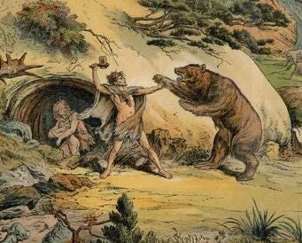 1878 PREHISTORIC MAN & ANIMALS Print - Pleistocene Epoch - Antique Paleoart - Mammoth Wall Art - Cave Bear, Neanderthal - 16.5 x 12.5 Inches