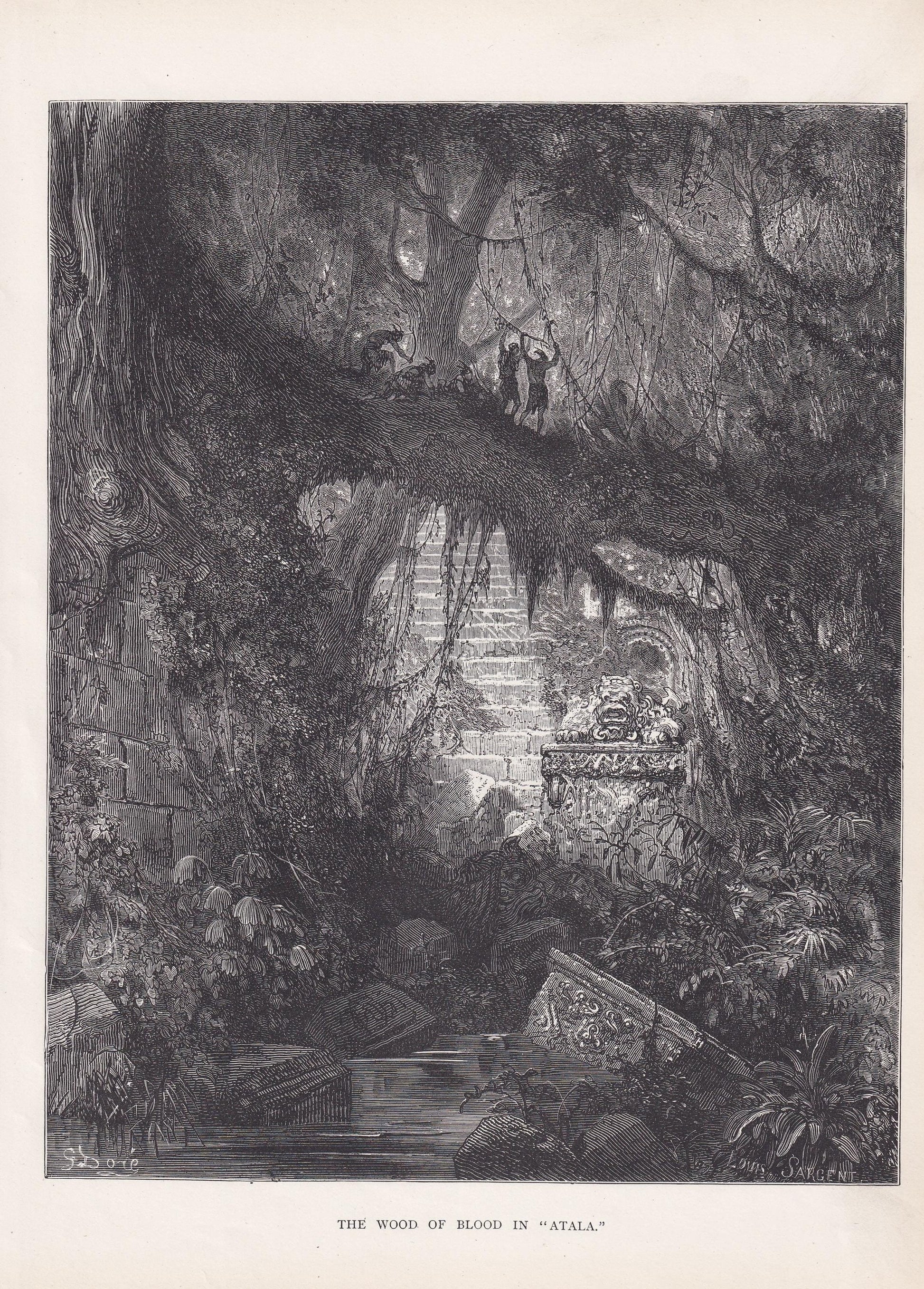 1870 GUSTAVE DORE Print - "The Wood of Blood in Atala" - Dore Wall Art - Antique Dore Engraving - 8.5 x 12.2 Inches
