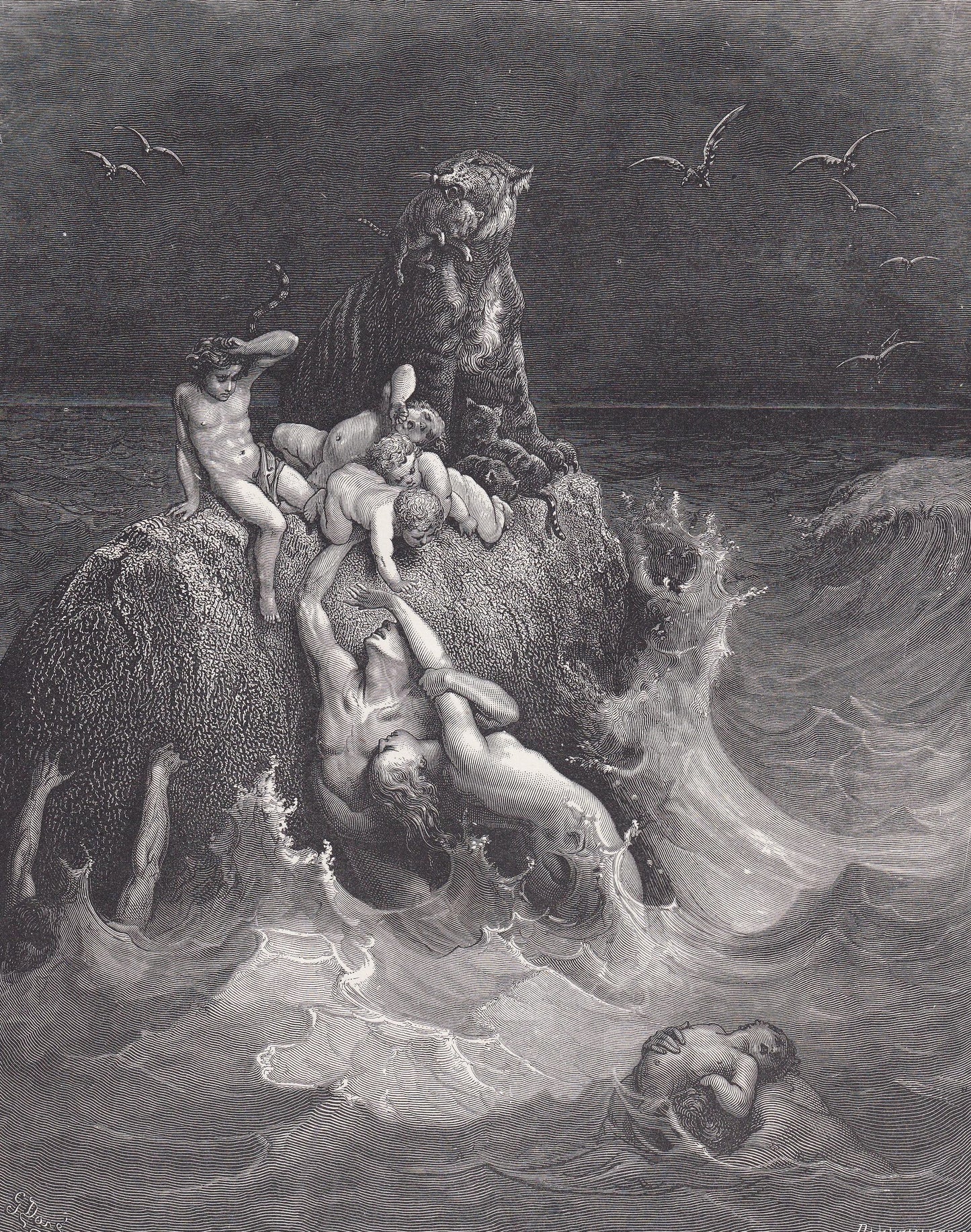 1870 GUSTAVE DORE Print - "The Deluge" - Dore Wall Art - Antique Dore Engraving - 8.5 x 12.2 Inches