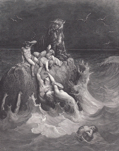 1870 GUSTAVE DORE Print - "The Deluge" - Dore Wall Art - Antique Dore Engraving - 8.5 x 12.2 Inches