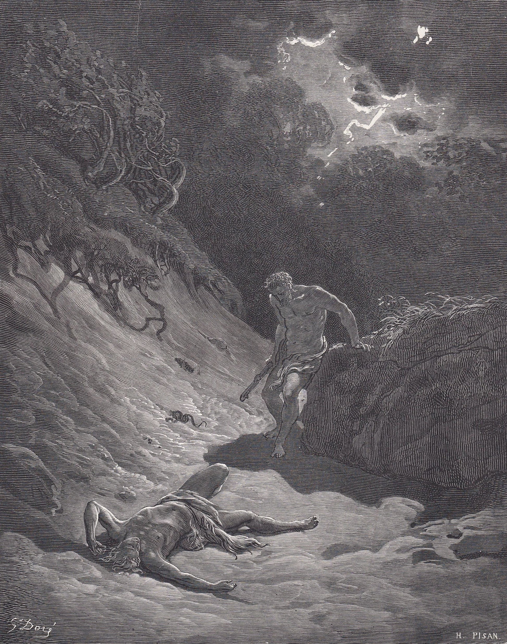 1870 GUSTAVE DORE Print - "The Death of Abel" - Cain and Abel - Dore Wall Art - Antique Dore Engraving - 8.5 x 12.2 Inches