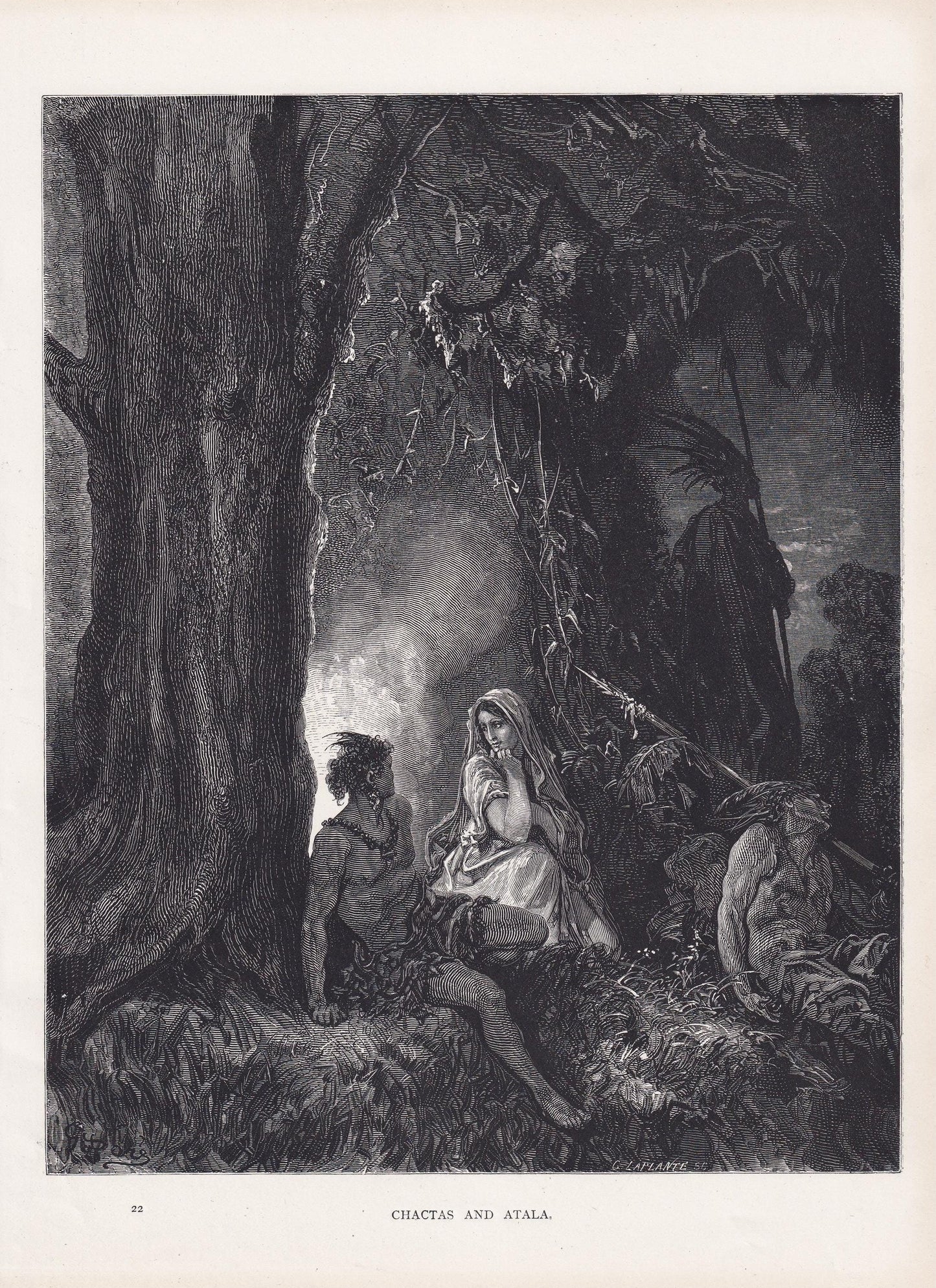 1870 GUSTAVE DORE Print - "Chactas and Atala" - Dore Wall Art - Antique Dore Engraving - 8.5 x 12.2 Inches