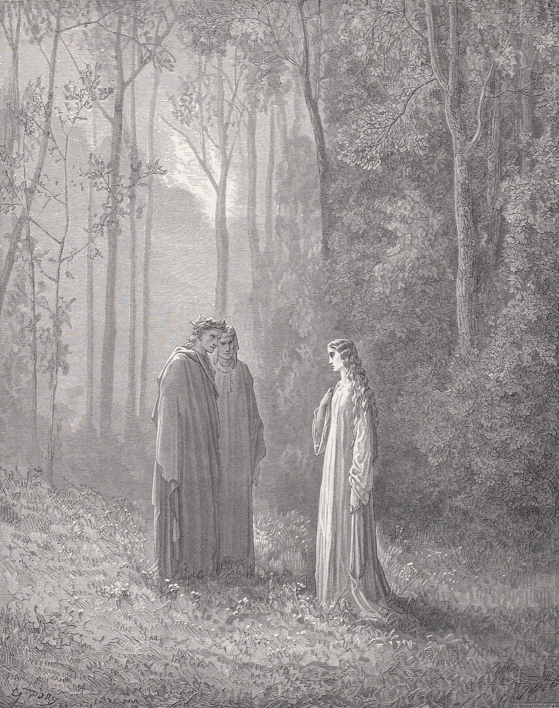 1870 GUSTAVE DORE Print - "Pia in Purgatory" - Dore Wall Art - Antique Dore Engraving - 8.5 x 12.2 Inches