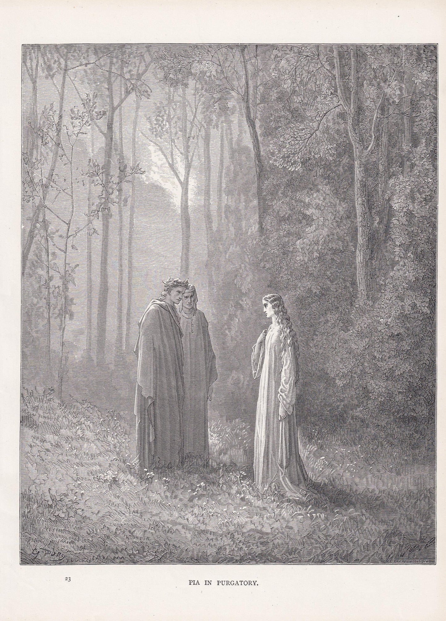 1870 GUSTAVE DORE Print - "Pia in Purgatory" - Dore Wall Art - Antique Dore Engraving - 8.5 x 12.2 Inches