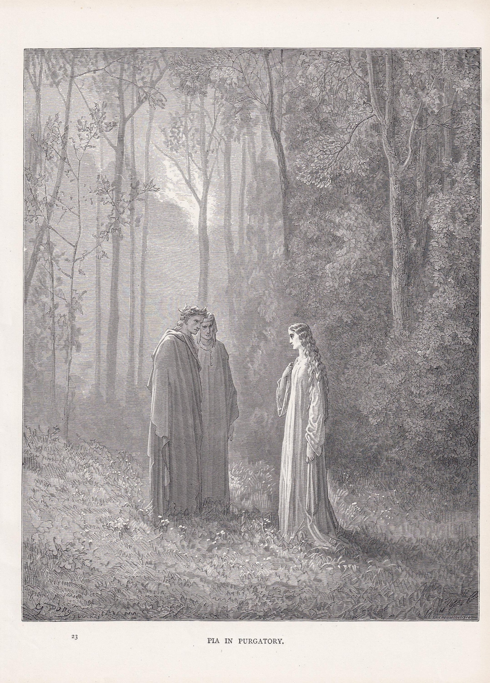 1870 GUSTAVE DORE Print - "Pia in Purgatory" - Dore Wall Art - Antique Dore Engraving - 8.5 x 12.2 Inches