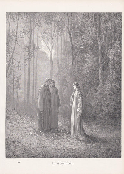 1870 GUSTAVE DORE Print - "Pia in Purgatory" - Dore Wall Art - Antique Dore Engraving - 8.5 x 12.2 Inches