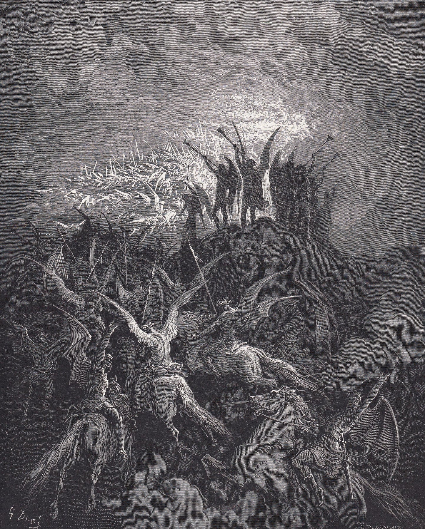 1870 GUSTAVE DORE Print - "The Rebel Angels Summoned to the Conclave" - Dore Wall Art - Antique Dore Engraving - 8.5 x 12.2 I
