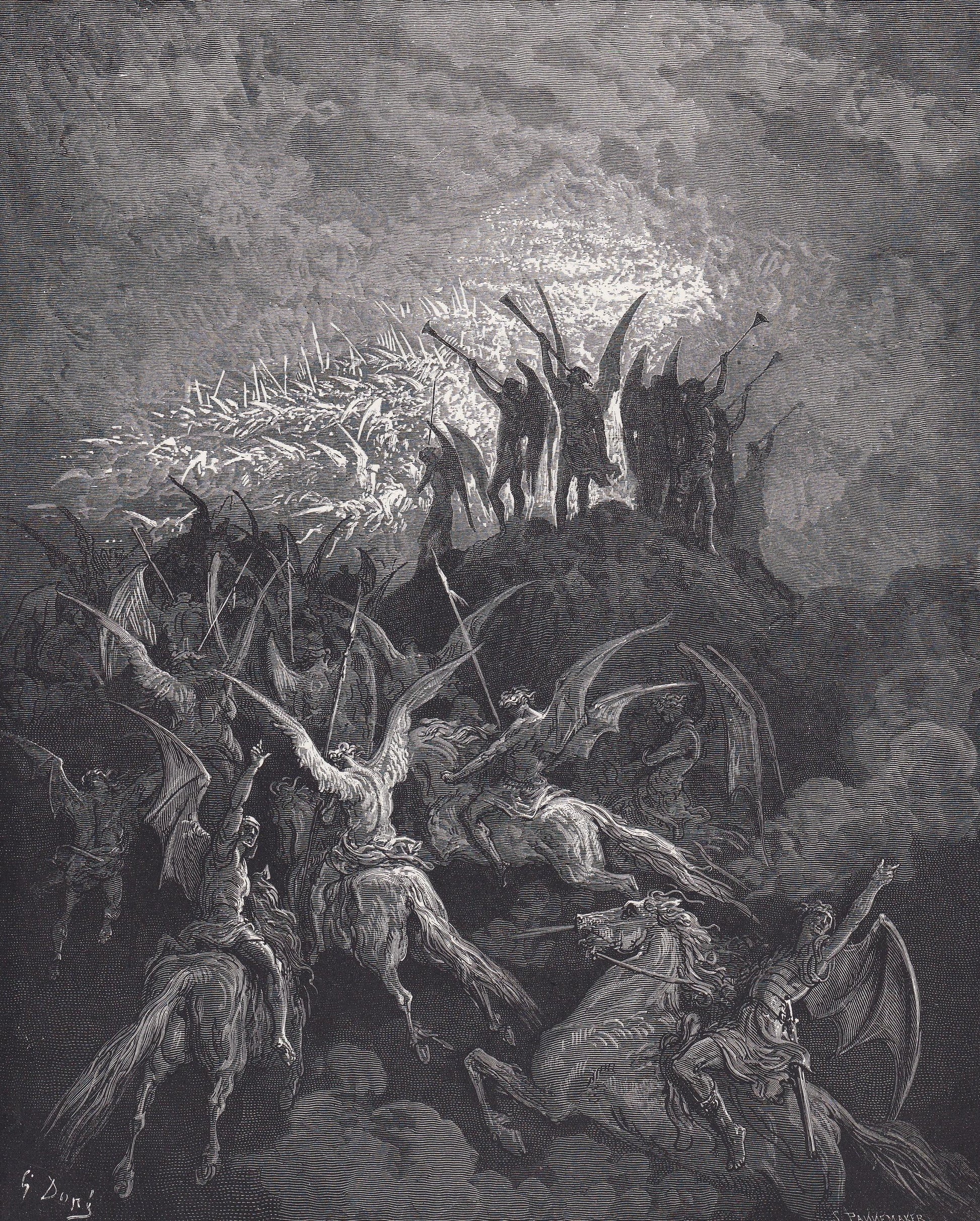 1870 GUSTAVE DORE Print - "The Rebel Angels Summoned to the Conclave" - Dore Wall Art - Antique Dore Engraving - 8.5 x 12.2 I