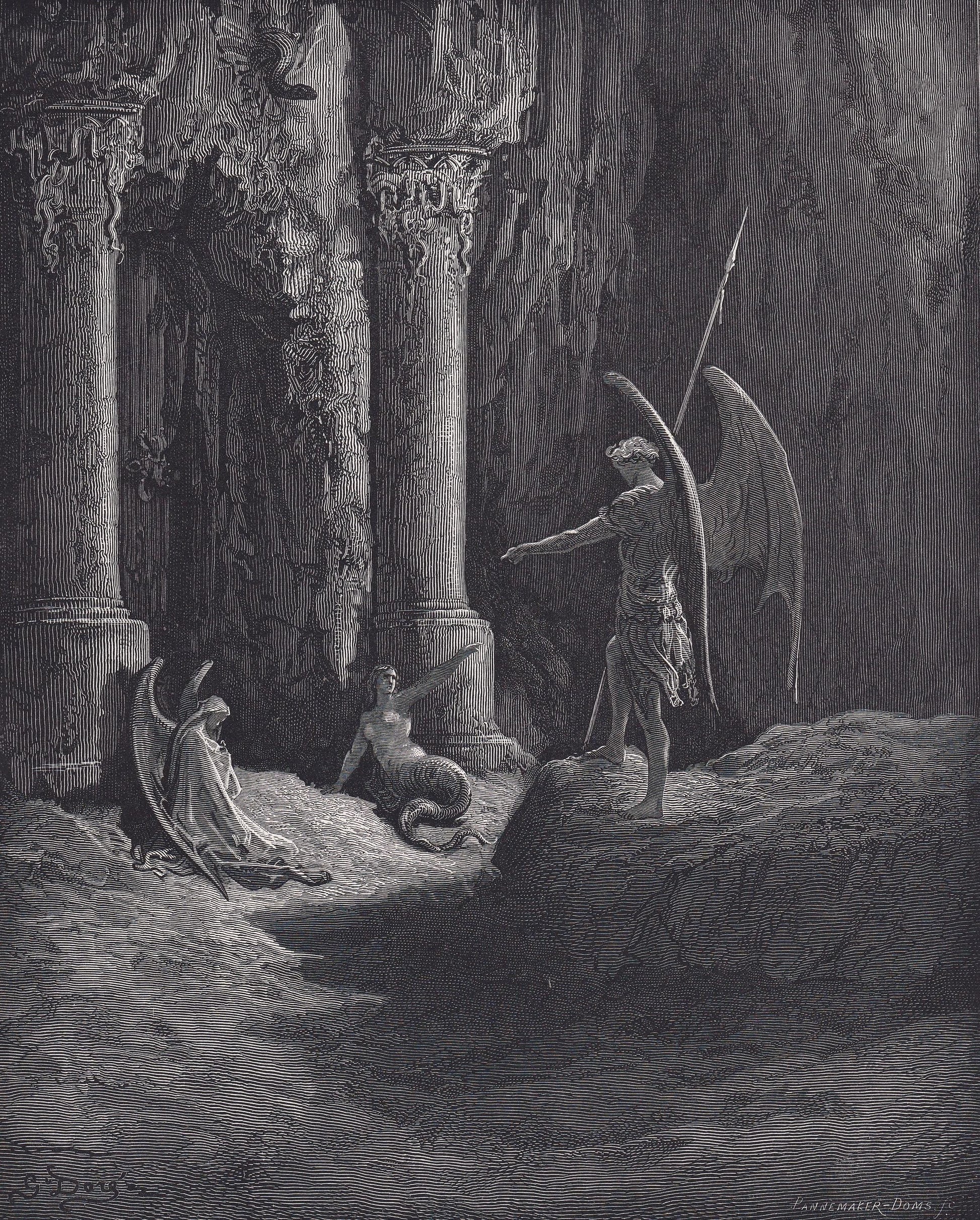 1870 GUSTAVE DORE Print - "Satan at the Gates of Hell" - Dore Wall Art - Antique Dore Engraving - 8.5 x 12.2 Inches
