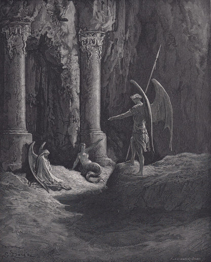 1870 GUSTAVE DORE Print - "Satan at the Gates of Hell" - Dore Wall Art - Antique Dore Engraving - 8.5 x 12.2 Inches