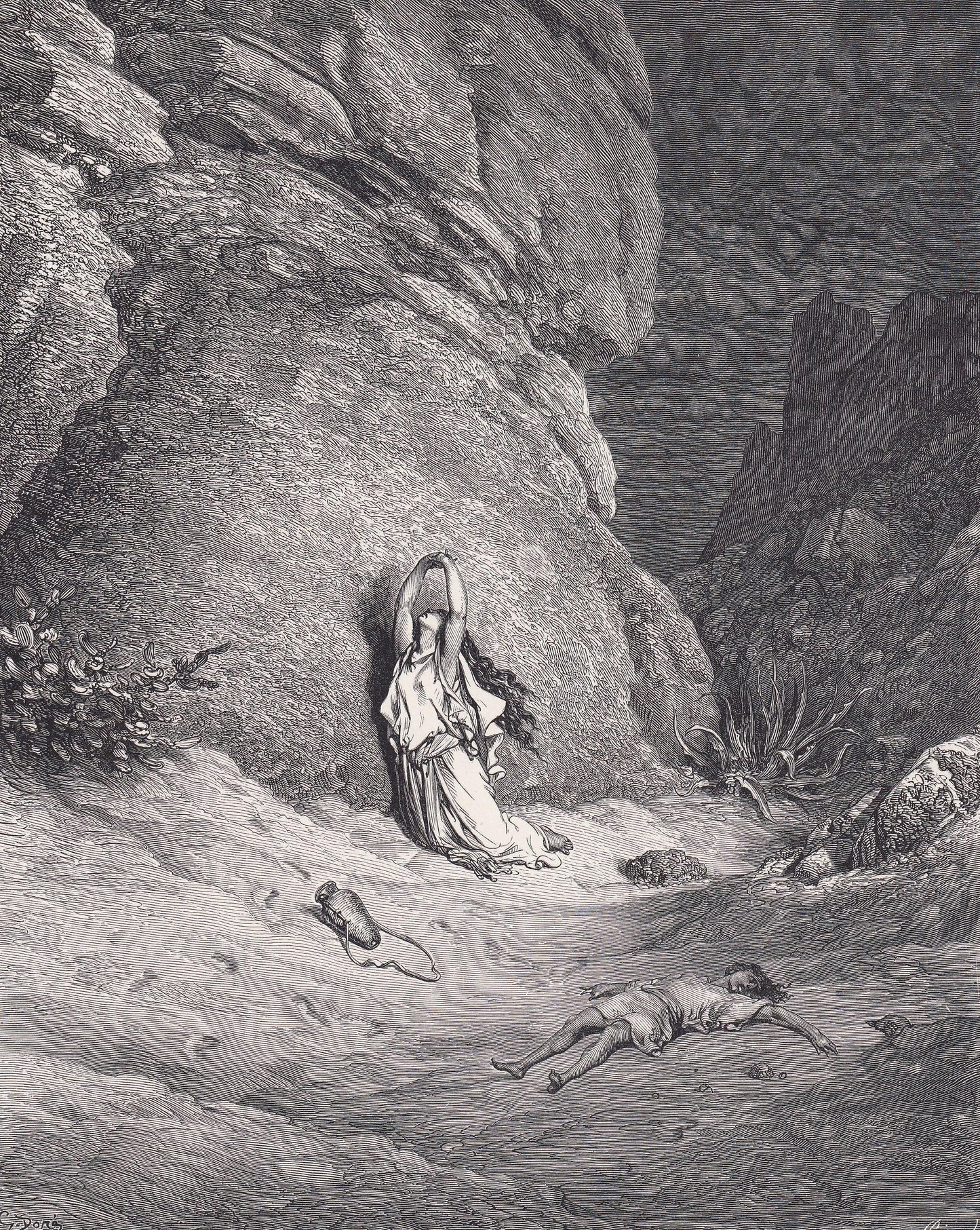 1870 GUSTAVE DORE Print - "Hagar and Ishmael in the Desert" - Dore Wall Art - Antique Dore Engraving - 8.5 x 12.2 Inches