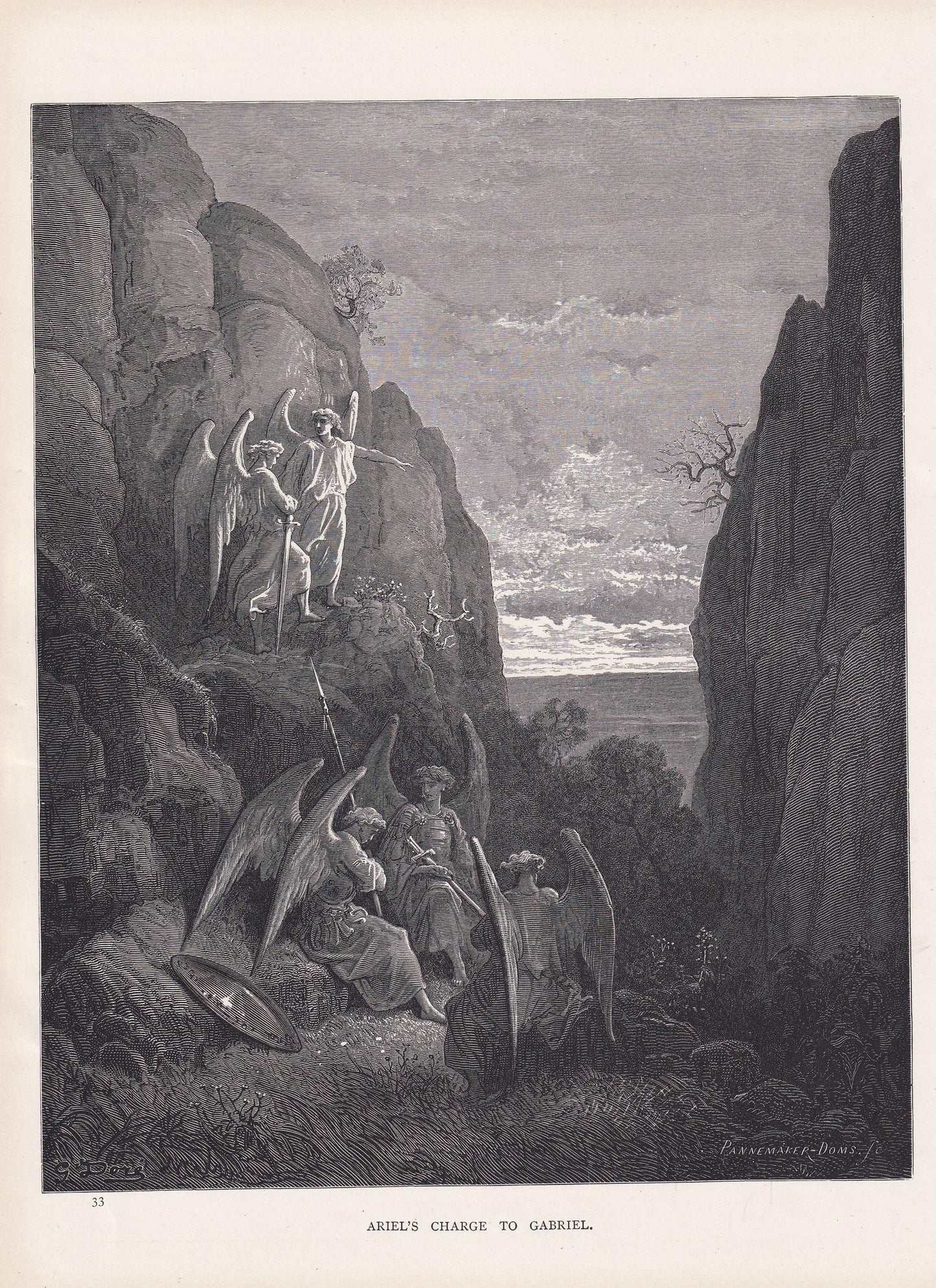 1870 GUSTAVE DORE Print - "Ariel's Charge to Gabriel" - Angel - Dore Wall Art - Antique Dore Engraving - 8.5 x 12.2 Inches