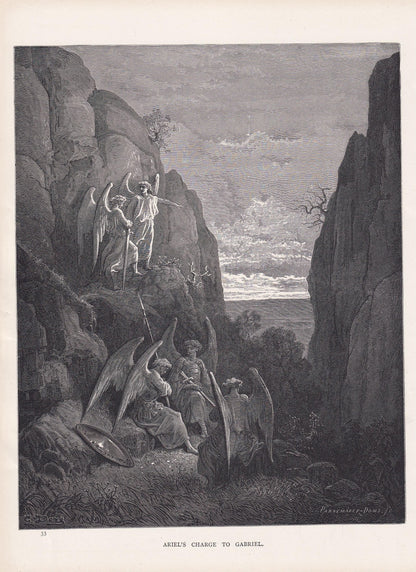 1870 GUSTAVE DORE Print - "Ariel's Charge to Gabriel" - Angel - Dore Wall Art - Antique Dore Engraving - 8.5 x 12.2 Inches