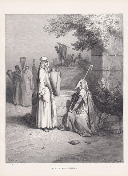 1870 GUSTAVE DORE Print - "Eliezer and Rebekah" - Dore Wall Art - Antique Dore Engraving - 8.5 x 12.2 Inches