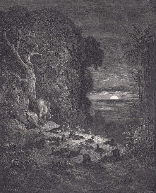 1870 GUSTAVE DORE Print - "The Seventh Evening in Eden" - Dore Wall Art - Antique Dore Engraving - 8.5 x 12.2 Inches