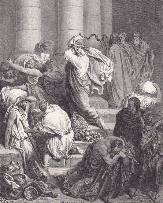 1870 GUSTAVE DORE Print - "The Buyers and Sellers Driven Out of the Temple" - Dore Wall Art - Antique Dore Engraving - 8.5 x 